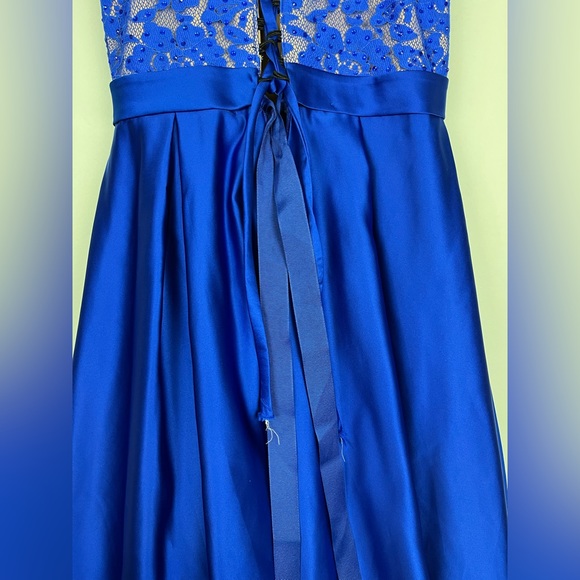 Jovani Blue Lace High Neck Lace Bodice Satin Long Dress Corset Back - Picture 7 of 16